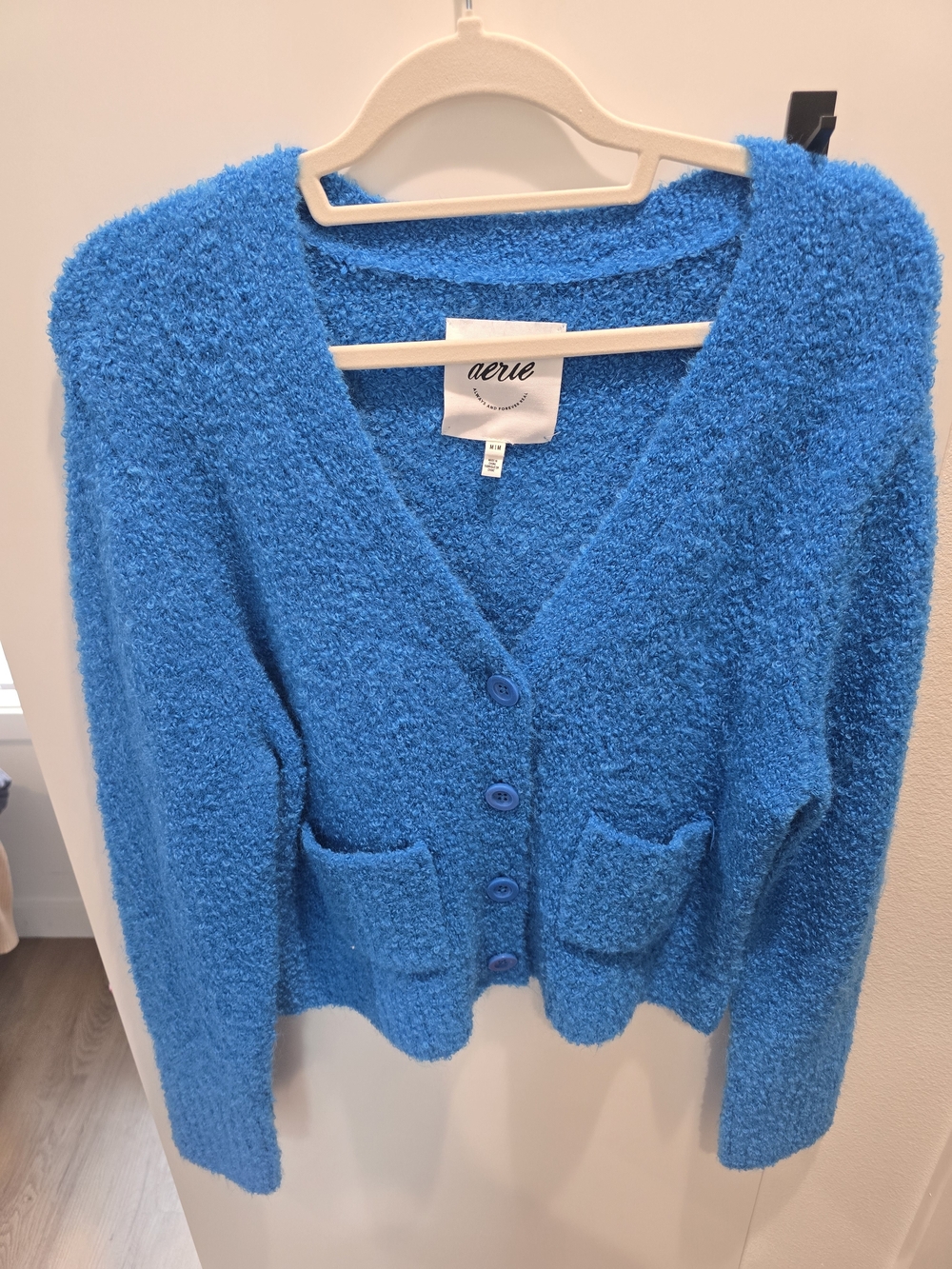 aerie Bright Blue Plush V-Neck Button Pocket Cardigan